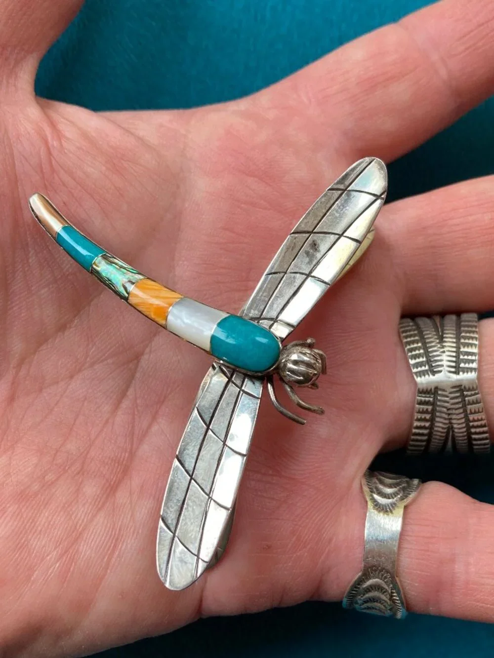 Vintage Sterling Silver Zuni Turquoise Inlay DragonFly Pendant Reynetsa Leland